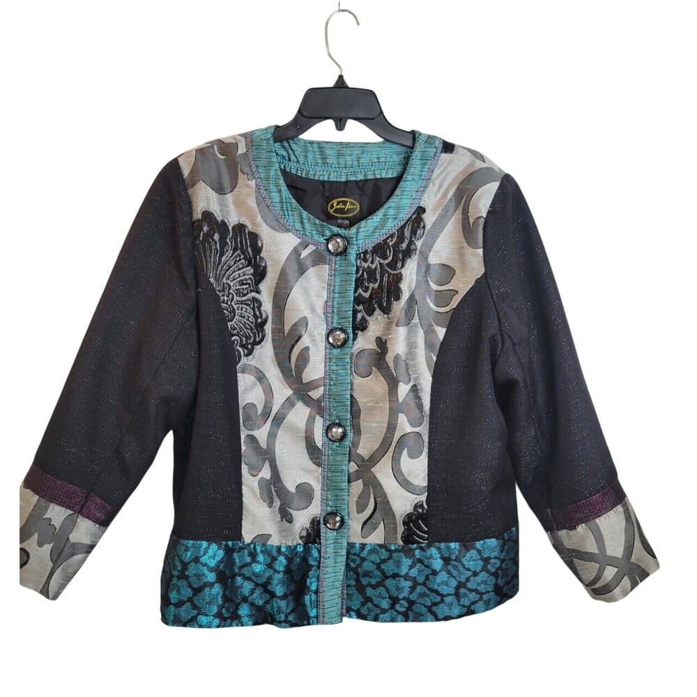 Julia‎ Ku Blazer Bohemian Women's Jacket Blue Black Gray Floral Metallic Size 2X